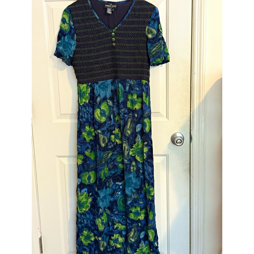 Vtg Carole Little Boho Cottage Smocked Blue Green Floral Maxi Dress Size 8 USA